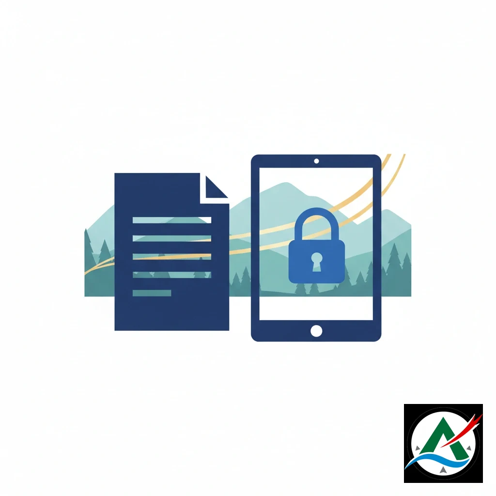 Digital lock symbol over legal compliance paperwork and regulatory seal