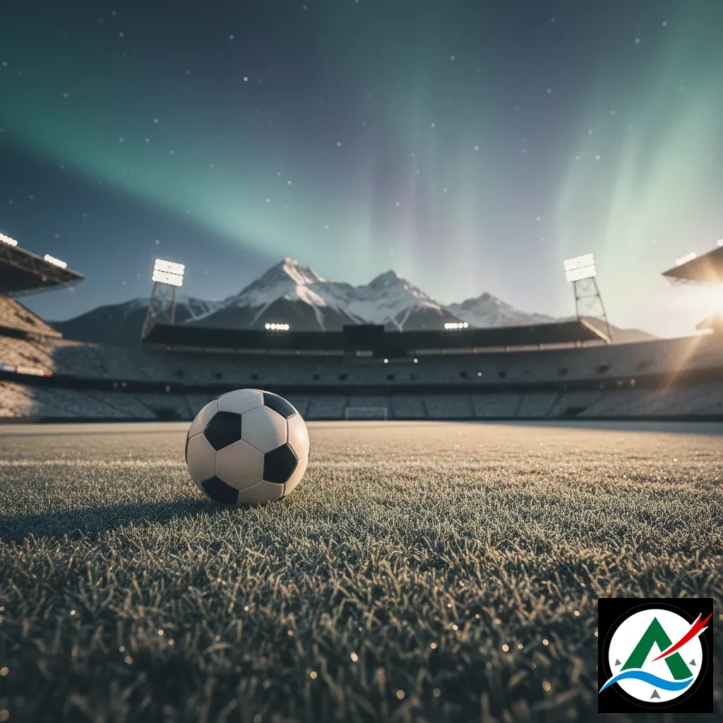 Soccer player kicking a ball on a green stadium pitch under bright floodlights